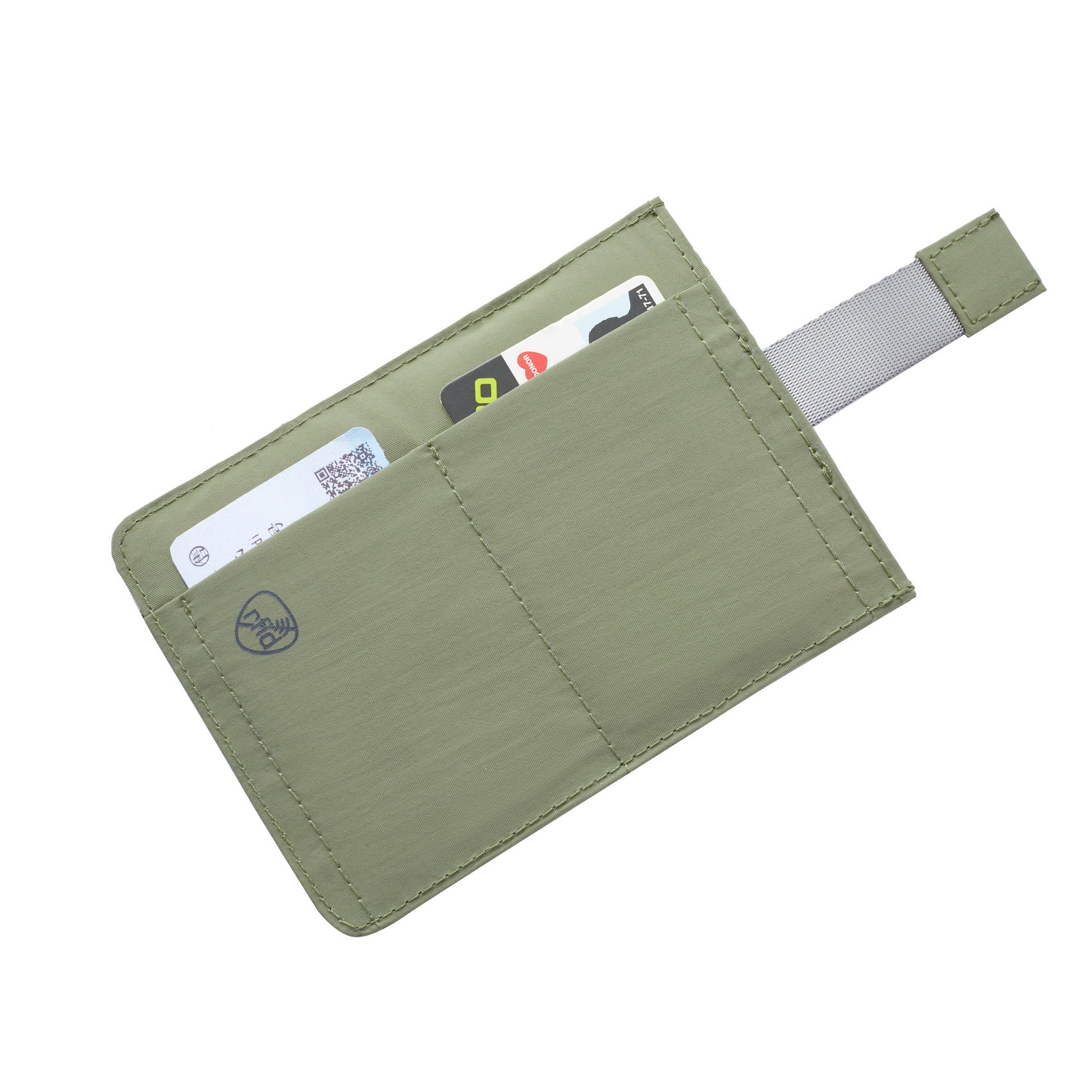 Travelon RFID Blocking Pull-Up Passport Holder by Travelon, green fabric with gray pull tab, holds two cards.