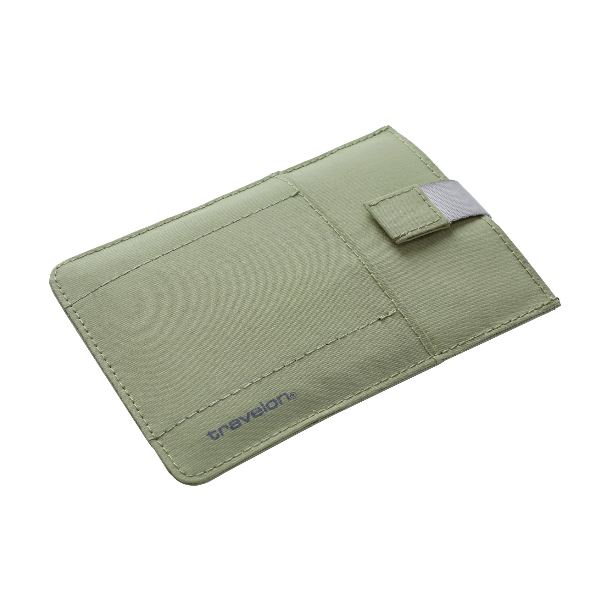 Light green Travelon RFID Blocking Pull-Up Passport Holder with flap closure, shown on a white background.