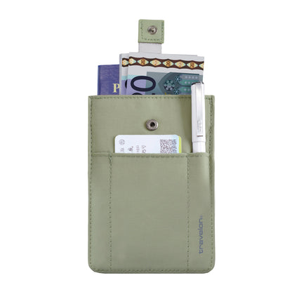 Travelon RFID Blocking Pull-Up Passport Holder stores your passport, cash, cards & pen under a secure buttoned flap.