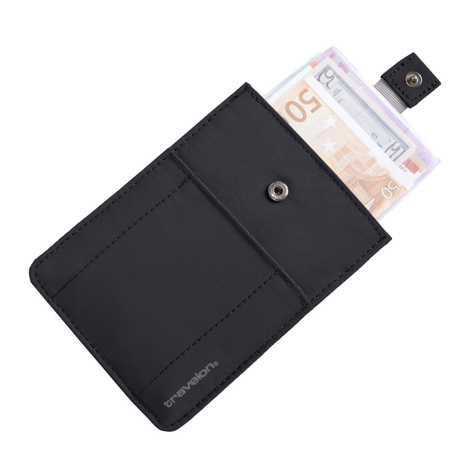 Travelon RFID Blocking Pull-Up Passport Holder keeps euro bills secure with a button closure and RFID protection.