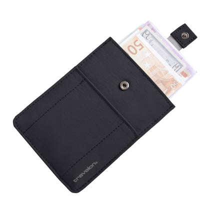 Travelon RFID Blocking Pull-Up Passport Holder keeps euro bills secure with a button closure and RFID protection.