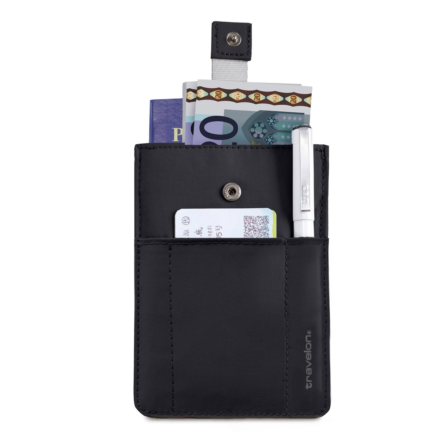 Travelon RFID Blocking Pull-Up Passport Holder keeps passport, cash, cards, pen safe with RFID protection.