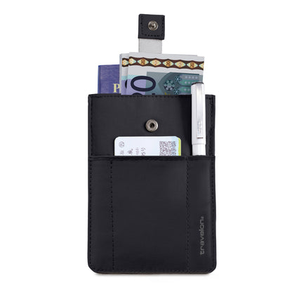 Travelon RFID Blocking Pull-Up Passport Holder keeps passport, cash, cards, pen safe with RFID protection.