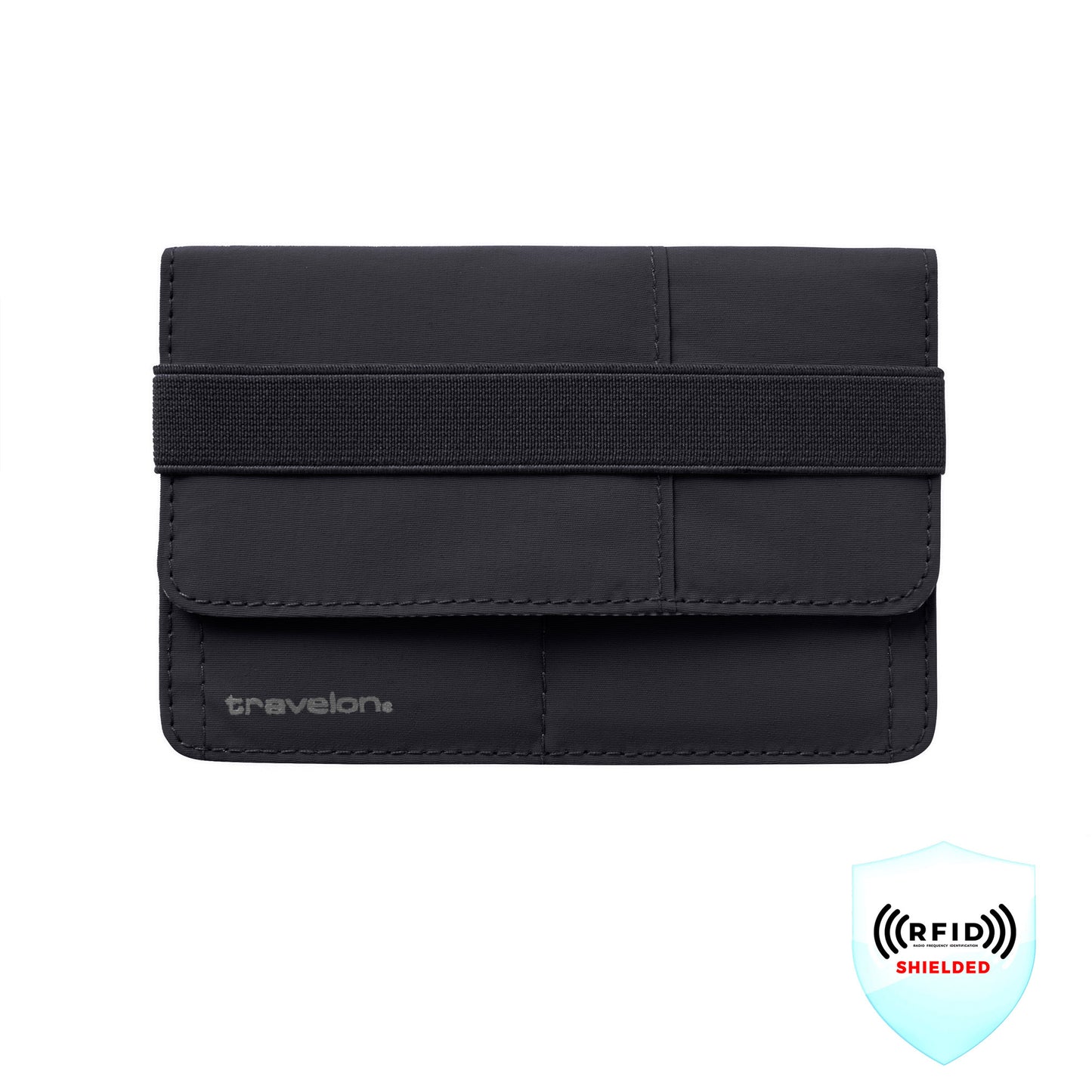 Black Travelon RFID Blocking Pull-Up Passport Holder with elastic band closure; RFID icon bottom right.