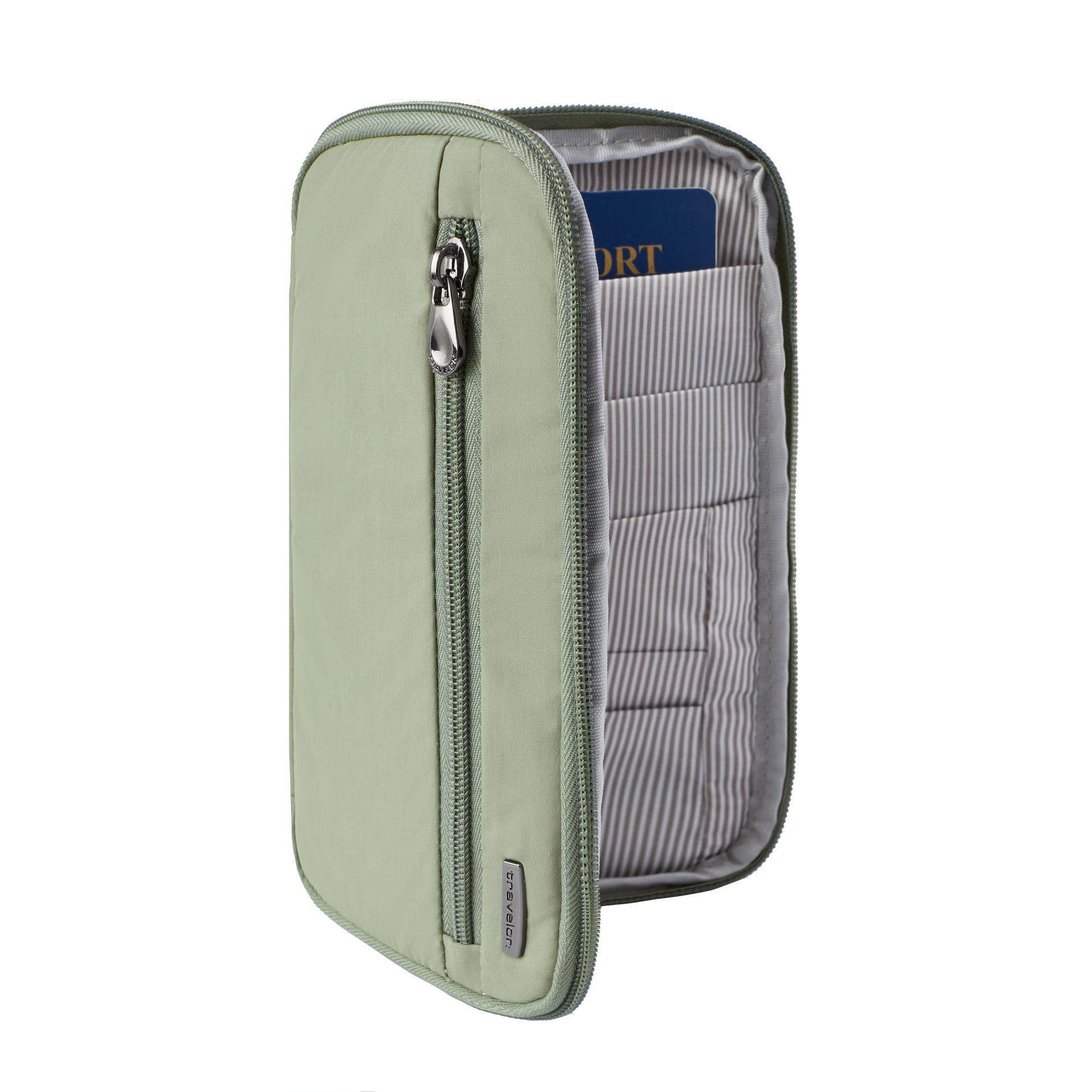 Travelon RFID Blocking Zip Passport Wallet in light green, open to show passport and document slots.