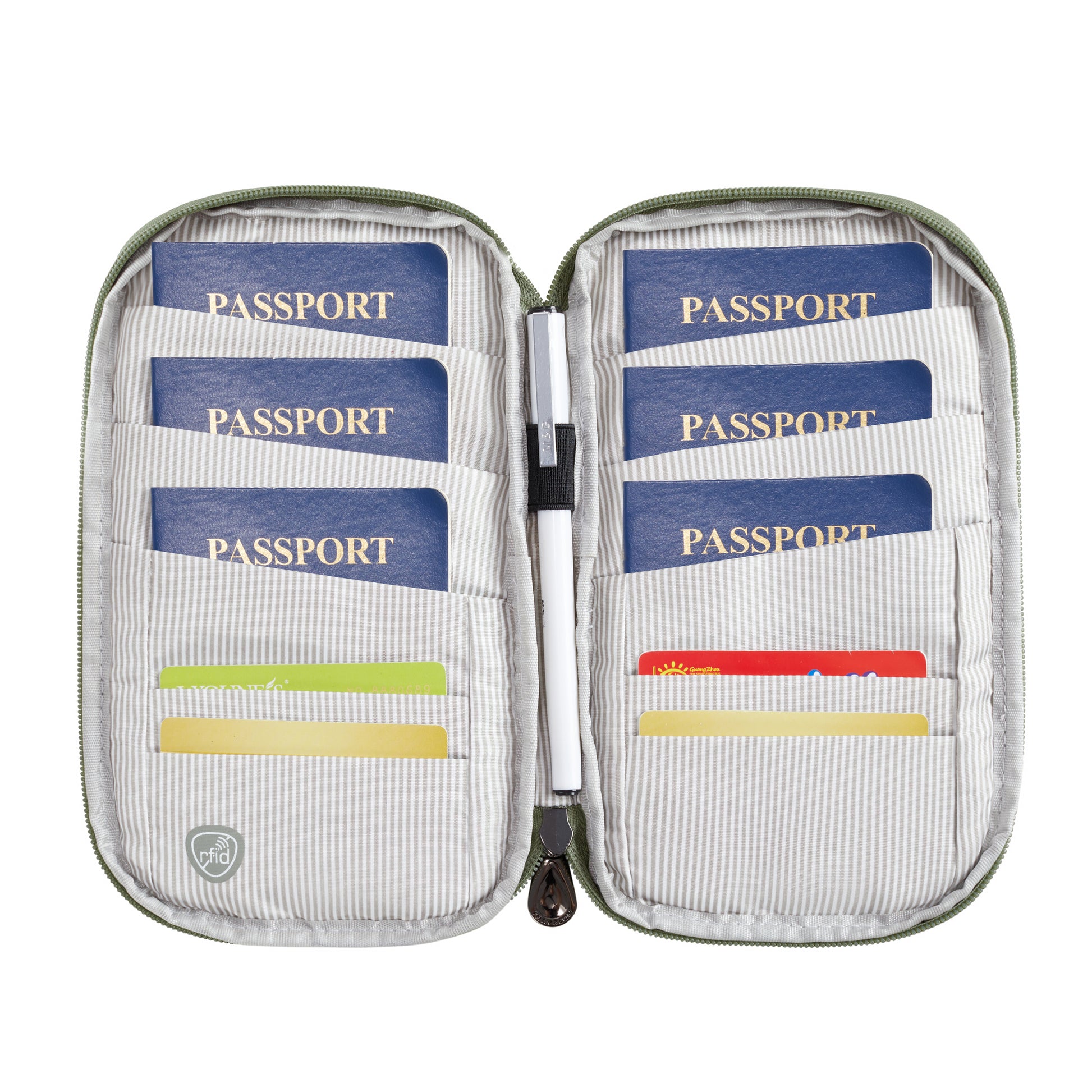 The Travelon RFID Blocking Zip Passport Wallet holds six passports and four cards in organized slots.