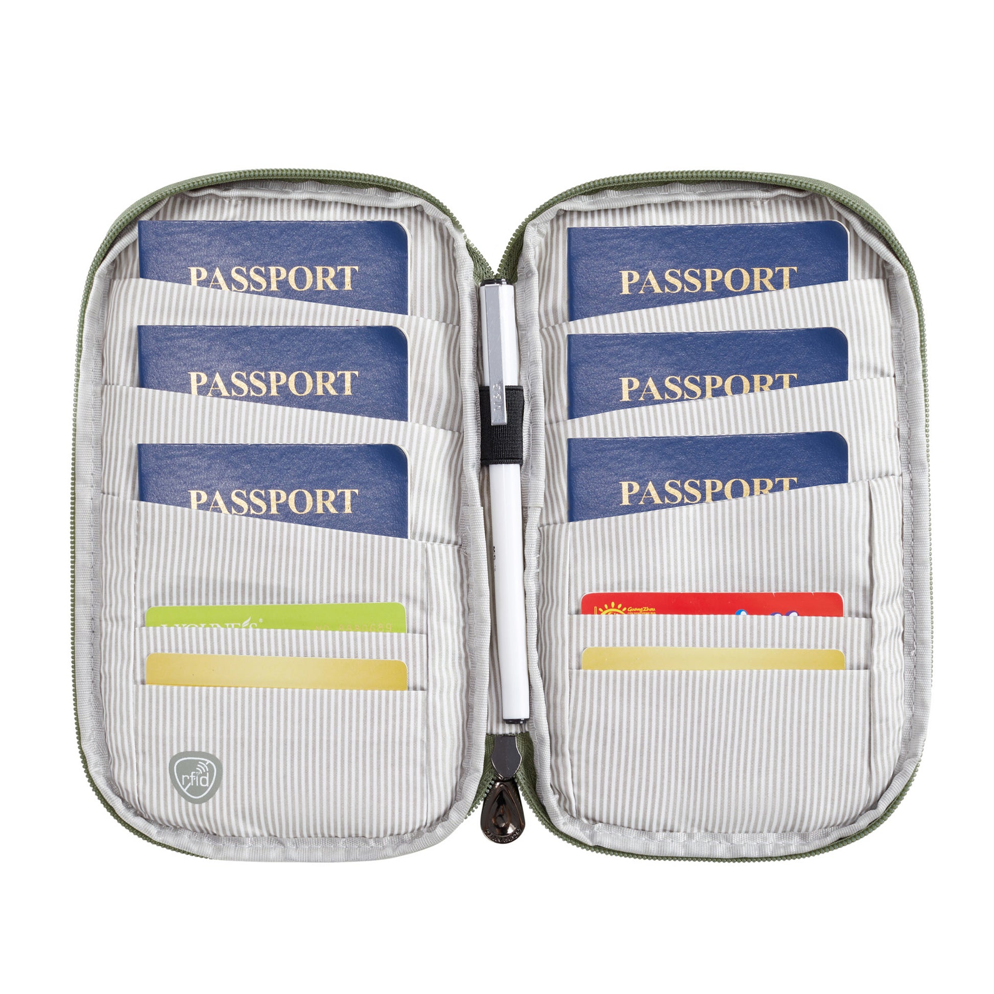Travelon RFID Blocking Family Passport Wallet holds 6 passports and 4 cards in organized slots.