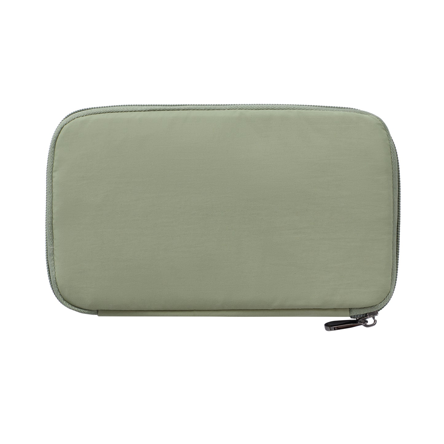 A Travelon RFID Blocking Zip Passport Wallet in light green is shown closed against a white background.