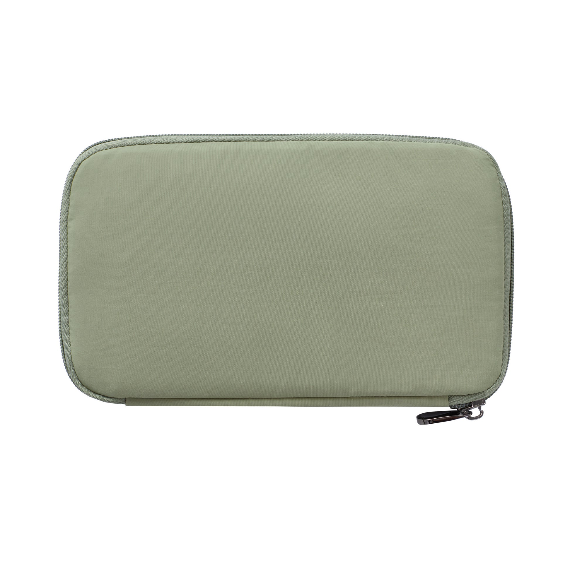 A Travelon RFID Blocking Zip Passport Wallet in light green is shown closed against a white background.