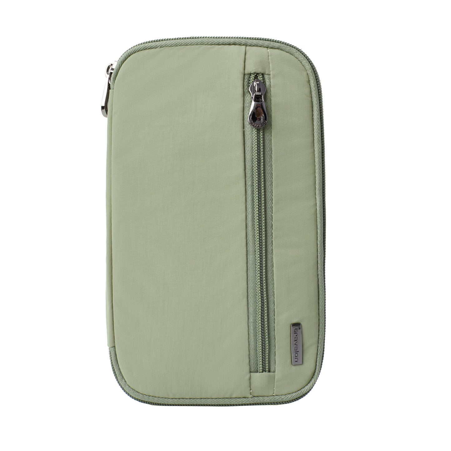 Travelon RFID Blocking Zip Passport Wallet in light green with front zipper pocket and small brand tag.