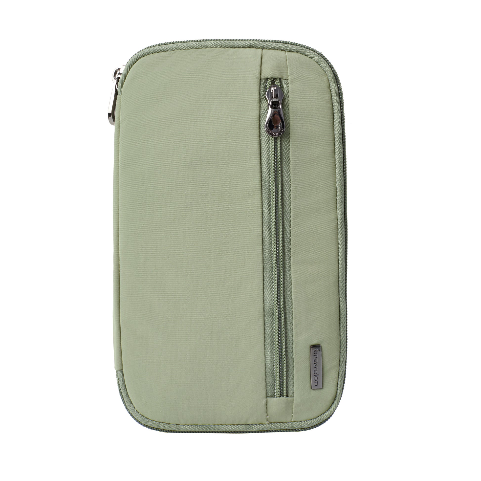 Travelon RFID Blocking Zip Passport Wallet in light green with front zipper pocket and small brand tag.