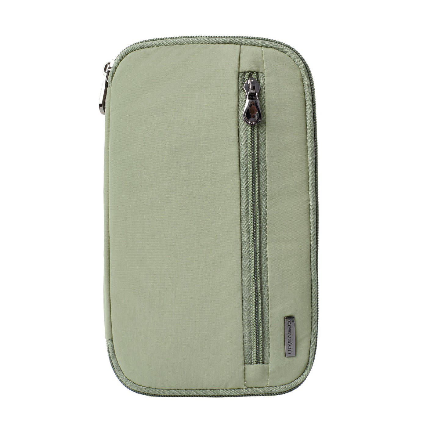 Light green Travelon RFID Blocking Family Passport Wallet with vertical zipper pocket and small brand tag.