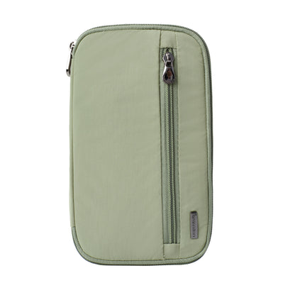 Light green Travelon RFID Blocking Family Passport Wallet with vertical zipper pocket and small brand tag.