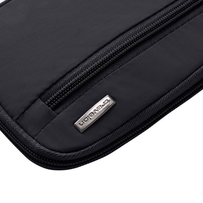Close-up of a Travelon RFID Blocking Family Passport Wallet in black with a metallic logo tag.