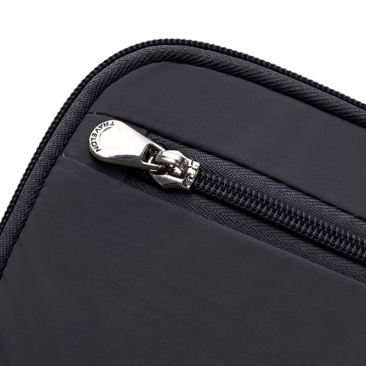 Close-up of the Travelon RFID Blocking Zip Passport Wallet with a silver zipper and "TRAVELON" pull tab.