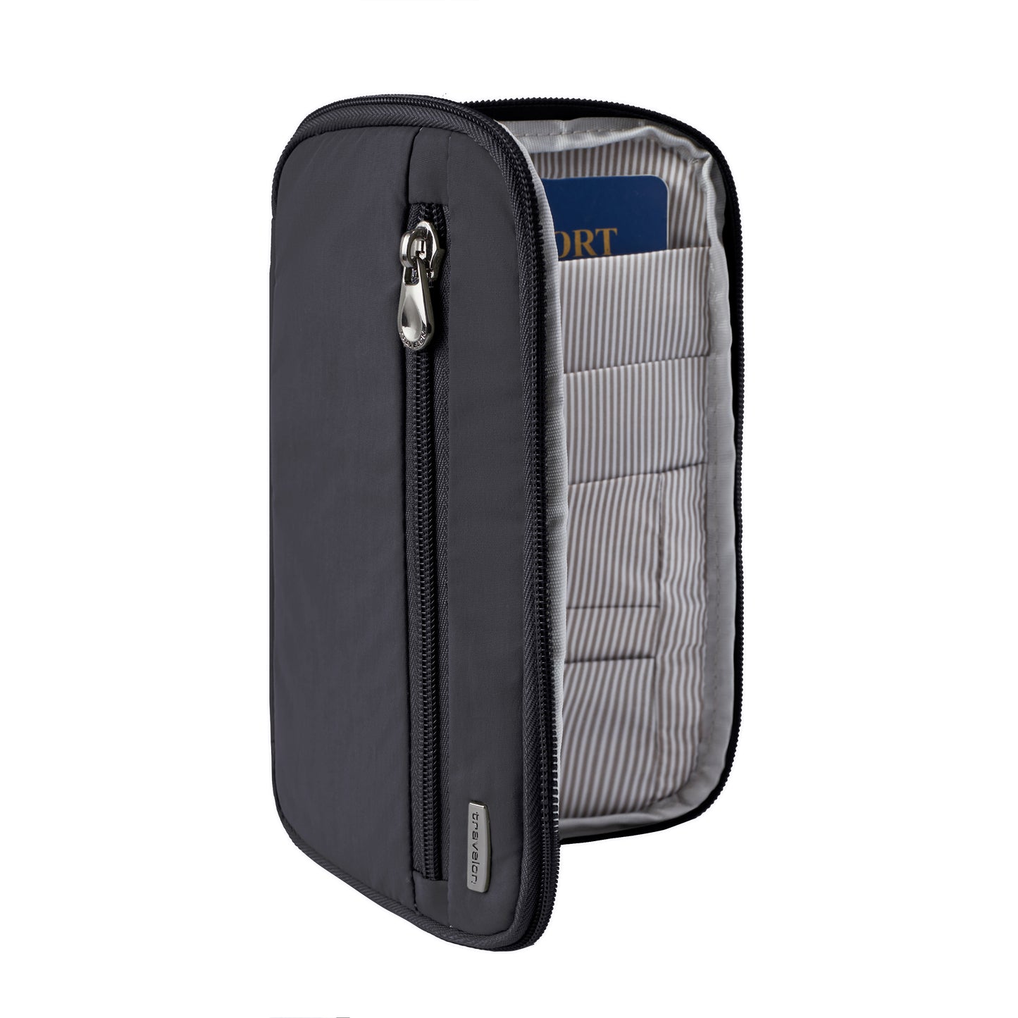The Travelon RFID Blocking Zip Passport Wallet in black, partially open to reveal striped interior pockets.