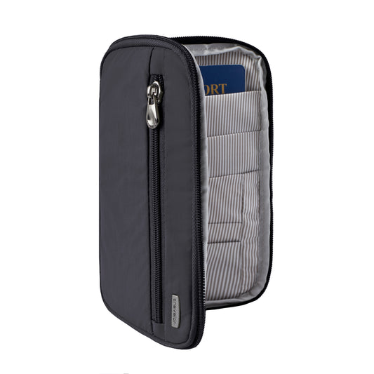 Product Image – The Travelon RFID Blocking Zip Passport Wallet in black, partially open to reveal striped interior pockets.