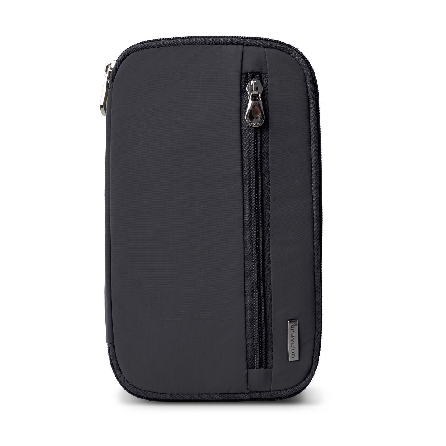 Travelon RFID Blocking Zip Passport Wallet: black, rectangular with front zip pocket & small fabric brand tag.