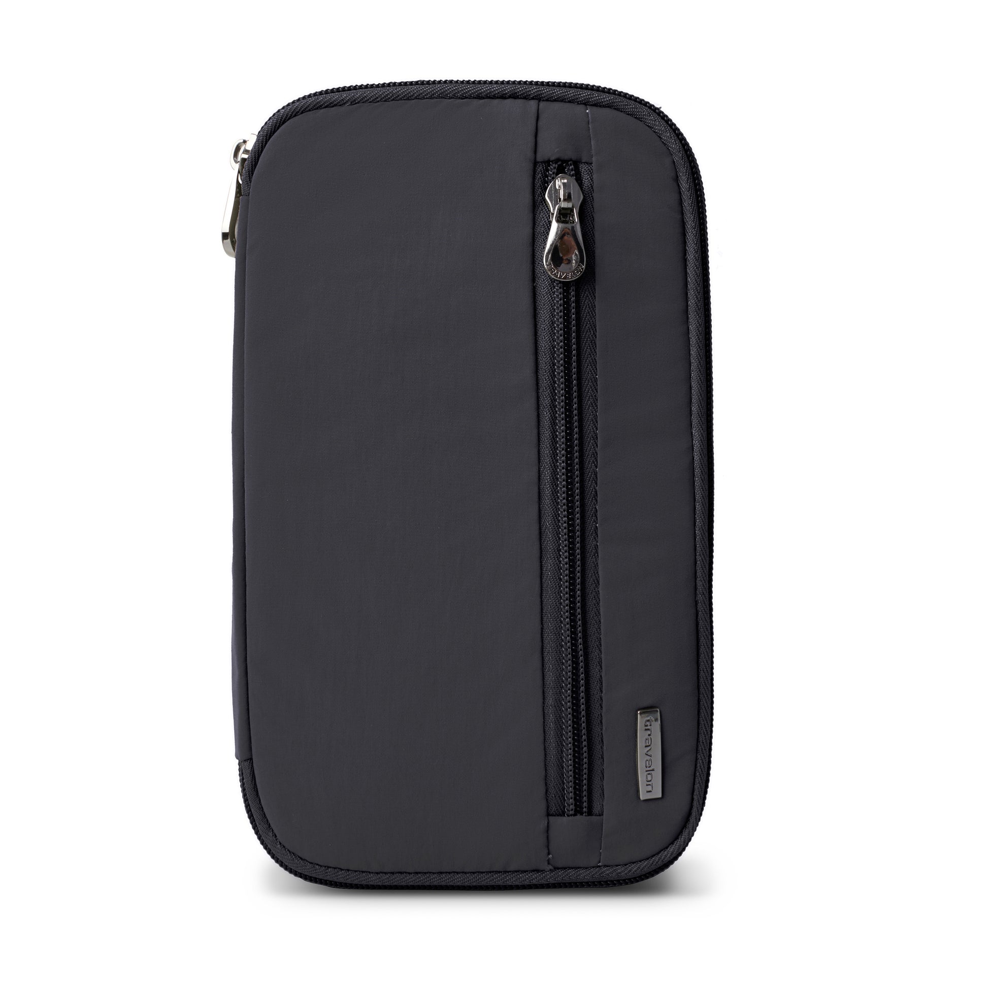 Travelon RFID Blocking Zip Passport Wallet: black, rectangular with front zip pocket & small fabric brand tag.