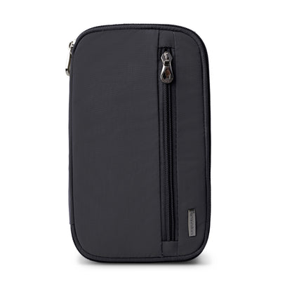 Travelon RFID Blocking Zip Passport Wallet: black, rectangular with front zip pocket & small fabric brand tag.