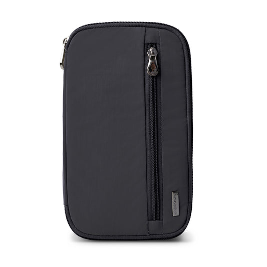 Product Image – Travelon RFID Blocking Zip Passport Wallet: black, rectangular with front zip pocket & small fabric brand tag.