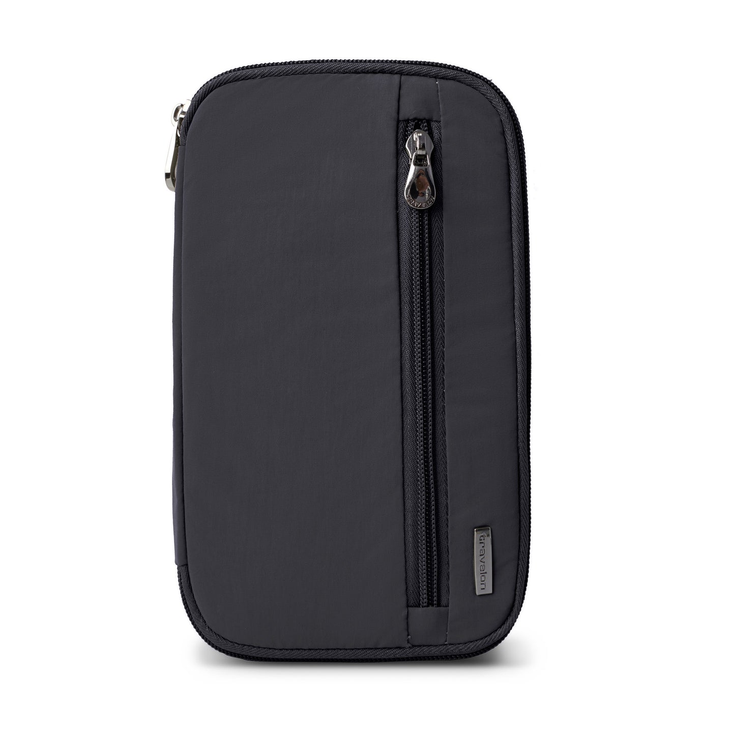 Travelon RFID Blocking Family Passport Wallet shown upright with front vertical zip pocket against white background.