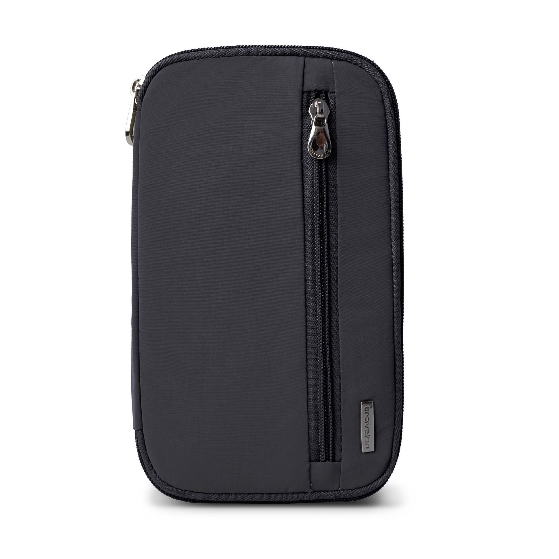 Travelon RFID Blocking Family Passport Wallet shown upright with front vertical zip pocket against white background.