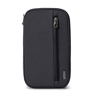 Travelon RFID Blocking Family Passport Wallet shown upright with front vertical zip pocket against white background.