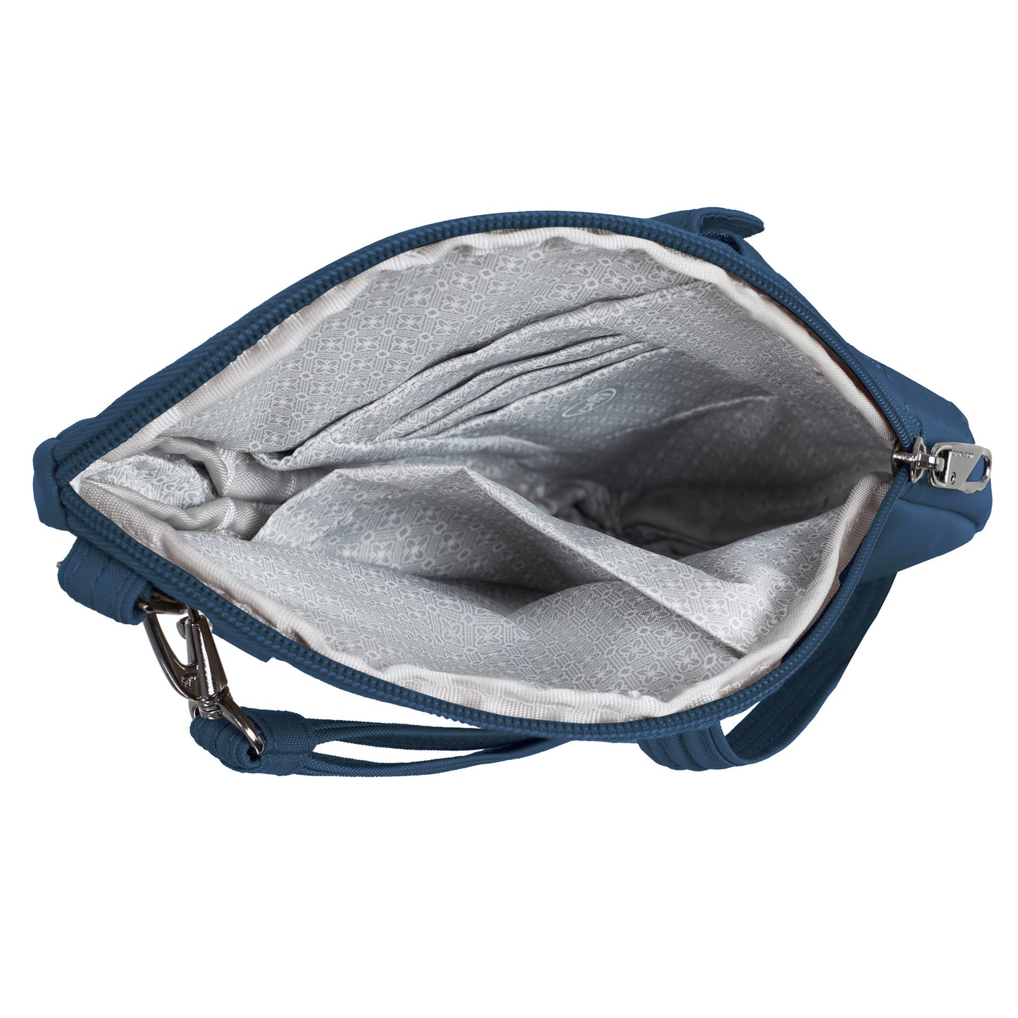 Top view of the Travelon Runways Anti-theft Slim Asymmetric Crossbody showing organized gray patterned compartments.
