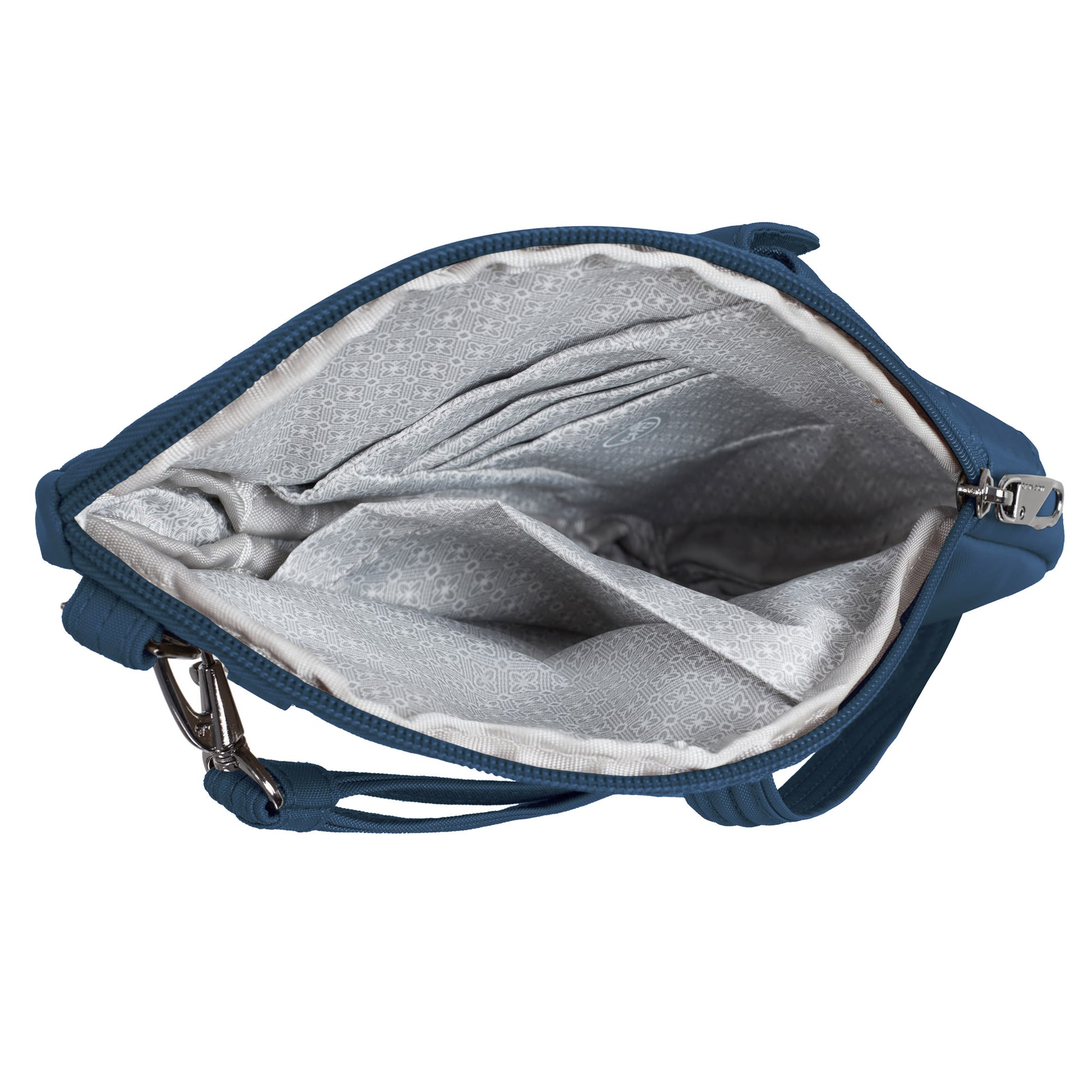Top view of the Travelon Runways Anti-theft Slim Asymmetric Crossbody showing organized gray patterned compartments.