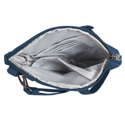 Top view of the Travelon Runways Anti-theft Slim Asymmetric Crossbody showing organized gray patterned compartments.