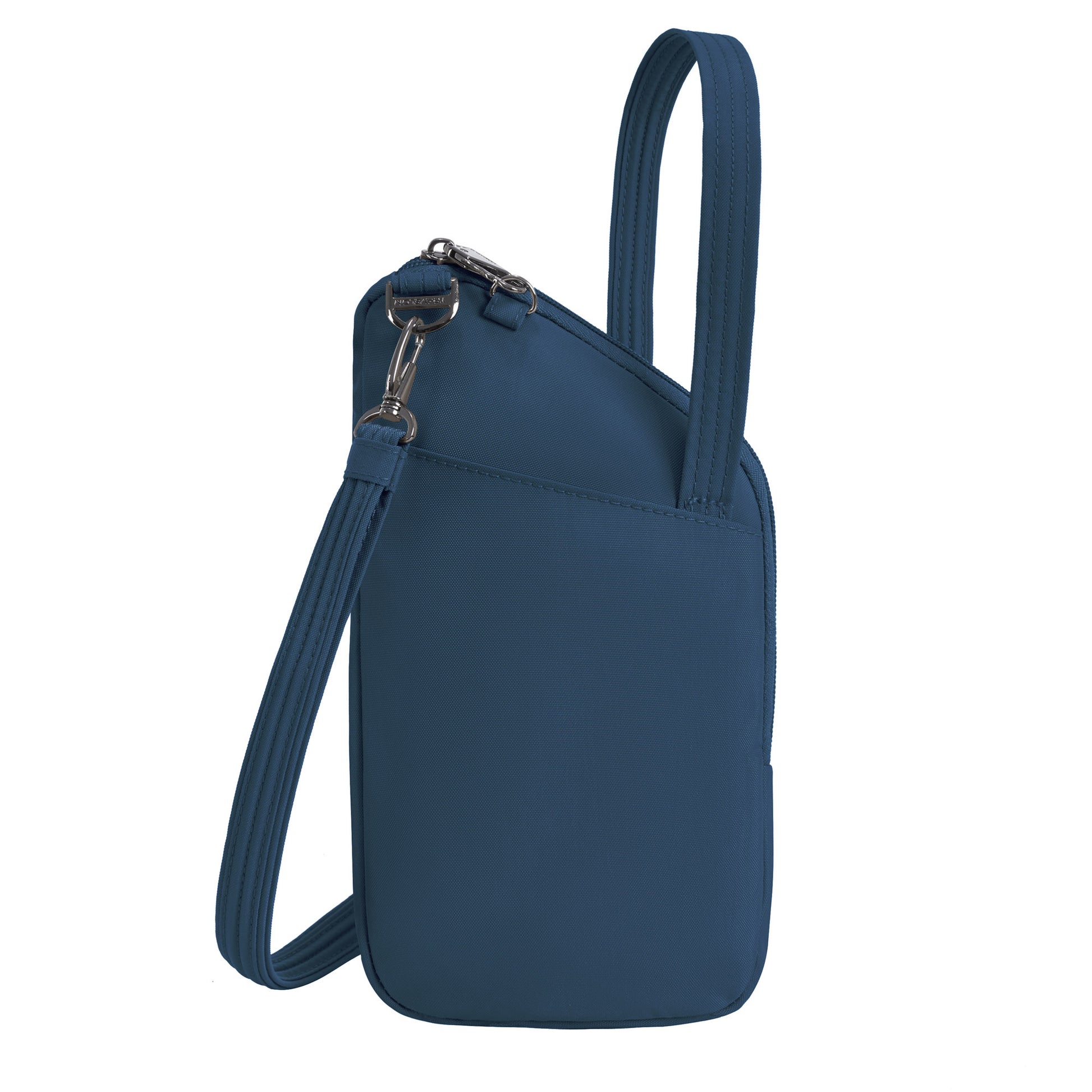 Travelon Runways Anti-theft Slim Asymmetric Crossbody in blue, with zip main compartment and adjustable strap.