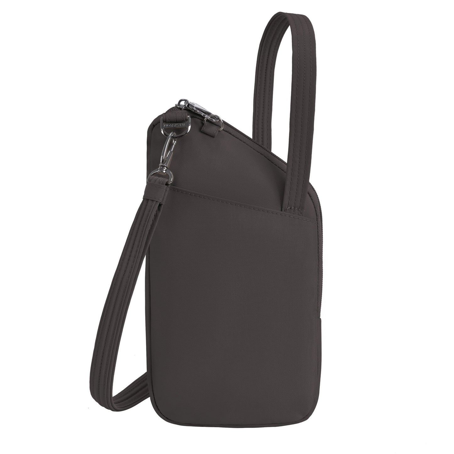 Side view of the Travelon Runways Anti-theft Slim Asymmetric Crossbody in dark gray with zipper and adjustable strap.