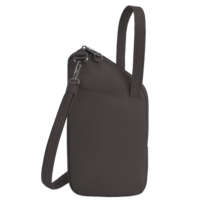 Side view of the Travelon Runways Anti-theft Slim Asymmetric Crossbody in dark gray with zipper and adjustable strap.