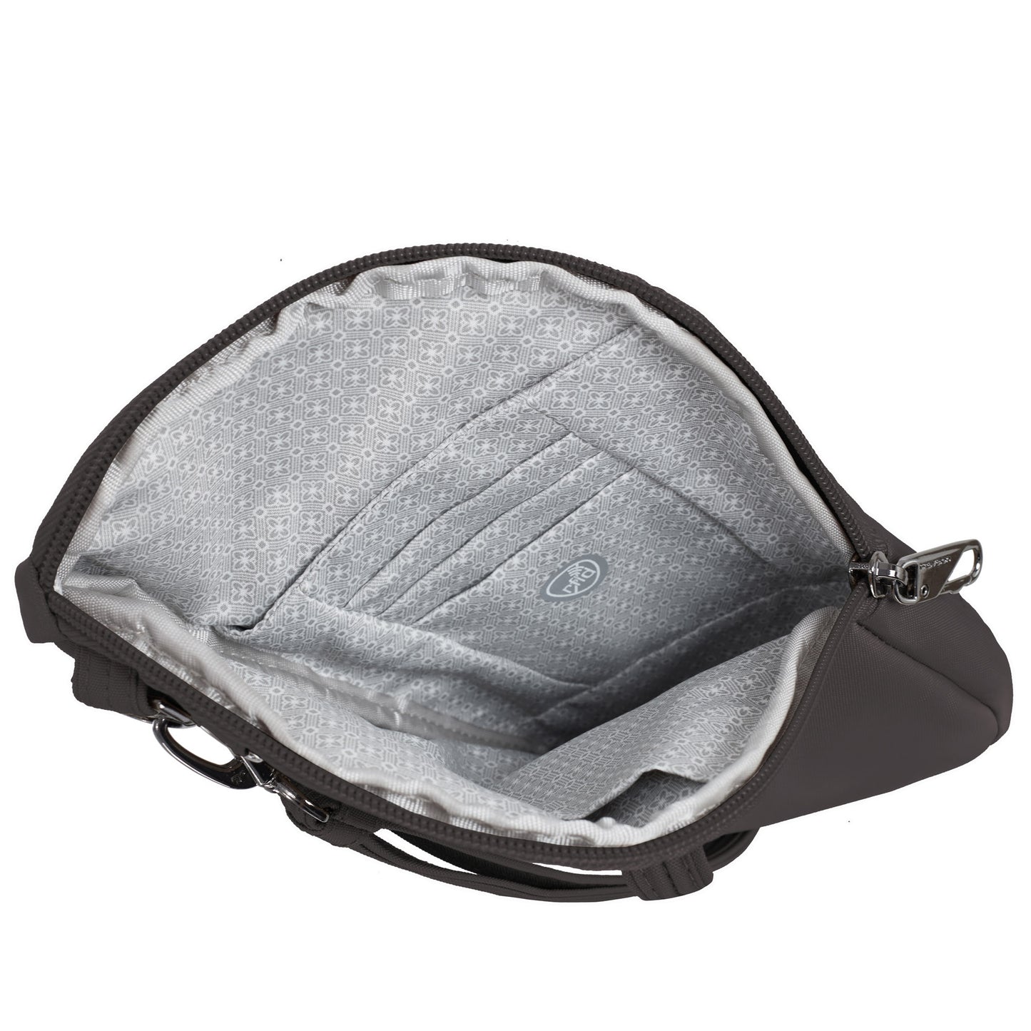Travelon Runways Anti-theft Slim Asymmetric Crossbody in gray, top view showing card slots and main compartment.