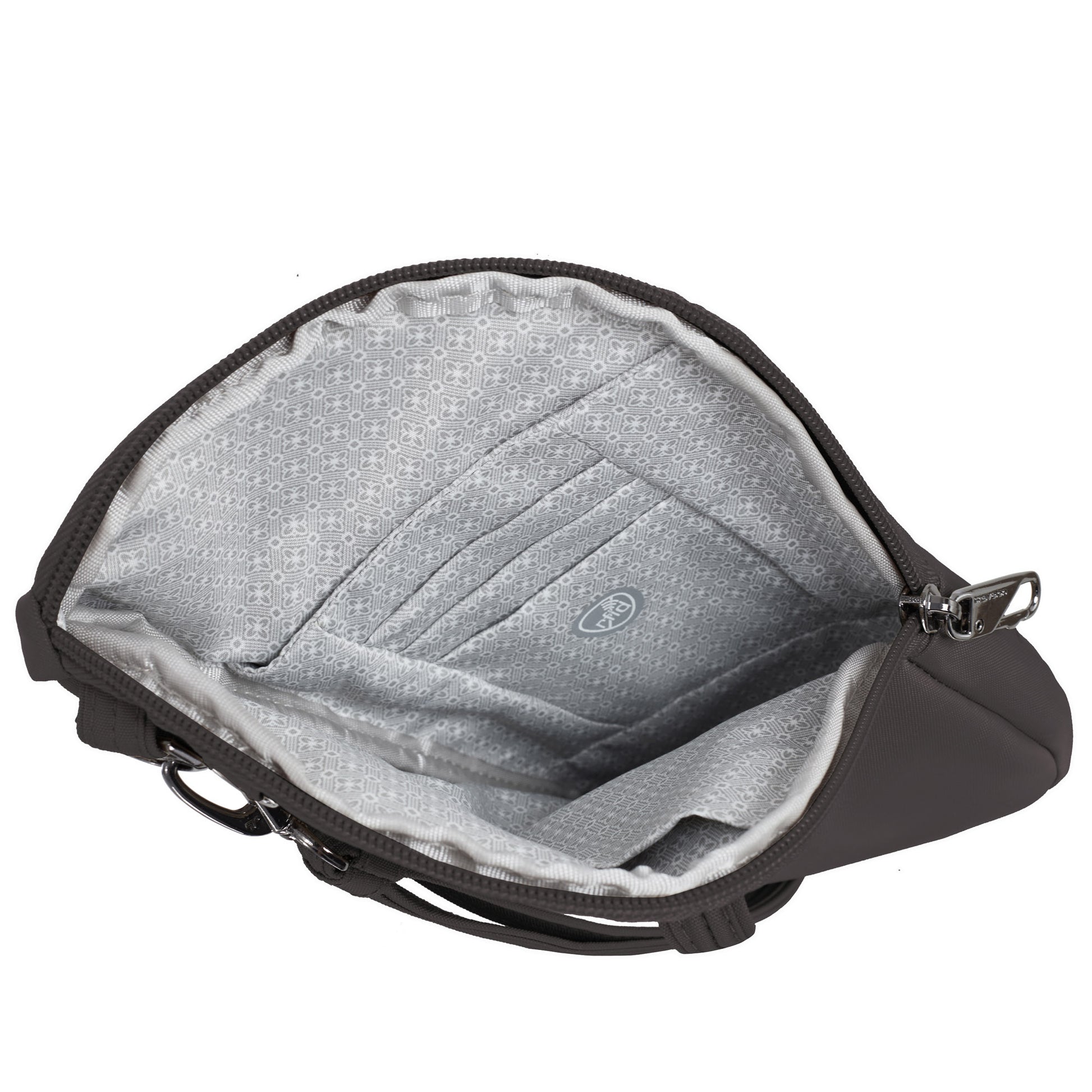 Travelon Runways Anti-theft Slim Asymmetric Crossbody in gray, top view showing card slots and main compartment.