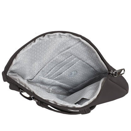 Travelon Runways Anti-theft Slim Asymmetric Crossbody in gray, top view showing card slots and main compartment.
