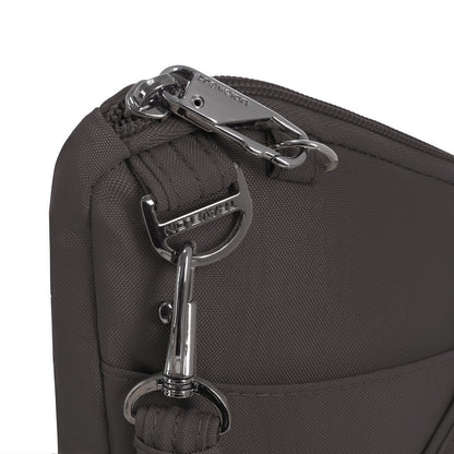 Close-up of Travelon Runways Anti-theft Slim Asymmetric Crossbody's gray fabric, silver zipper & detachable strap.