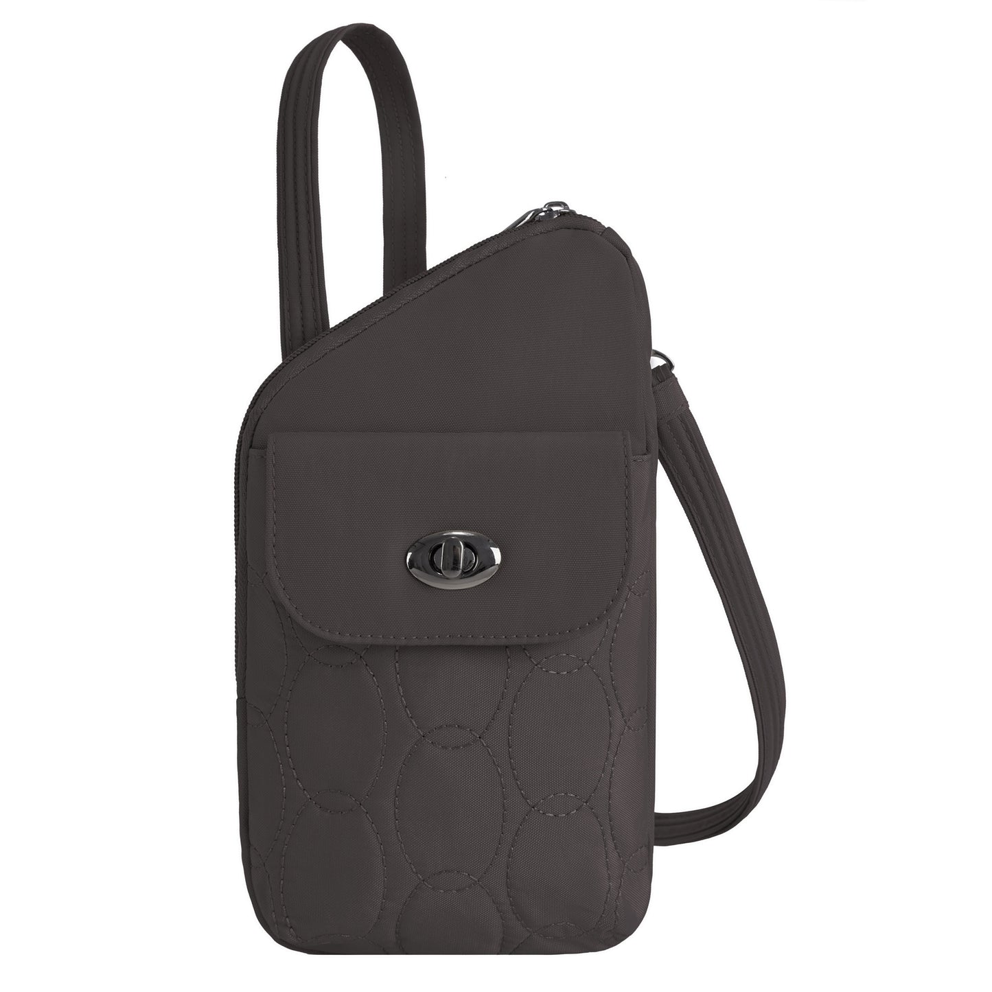 Travelon Runways Anti-theft Slim Asymmetric Crossbody in dark gray with quilted pocket and adjustable strap.