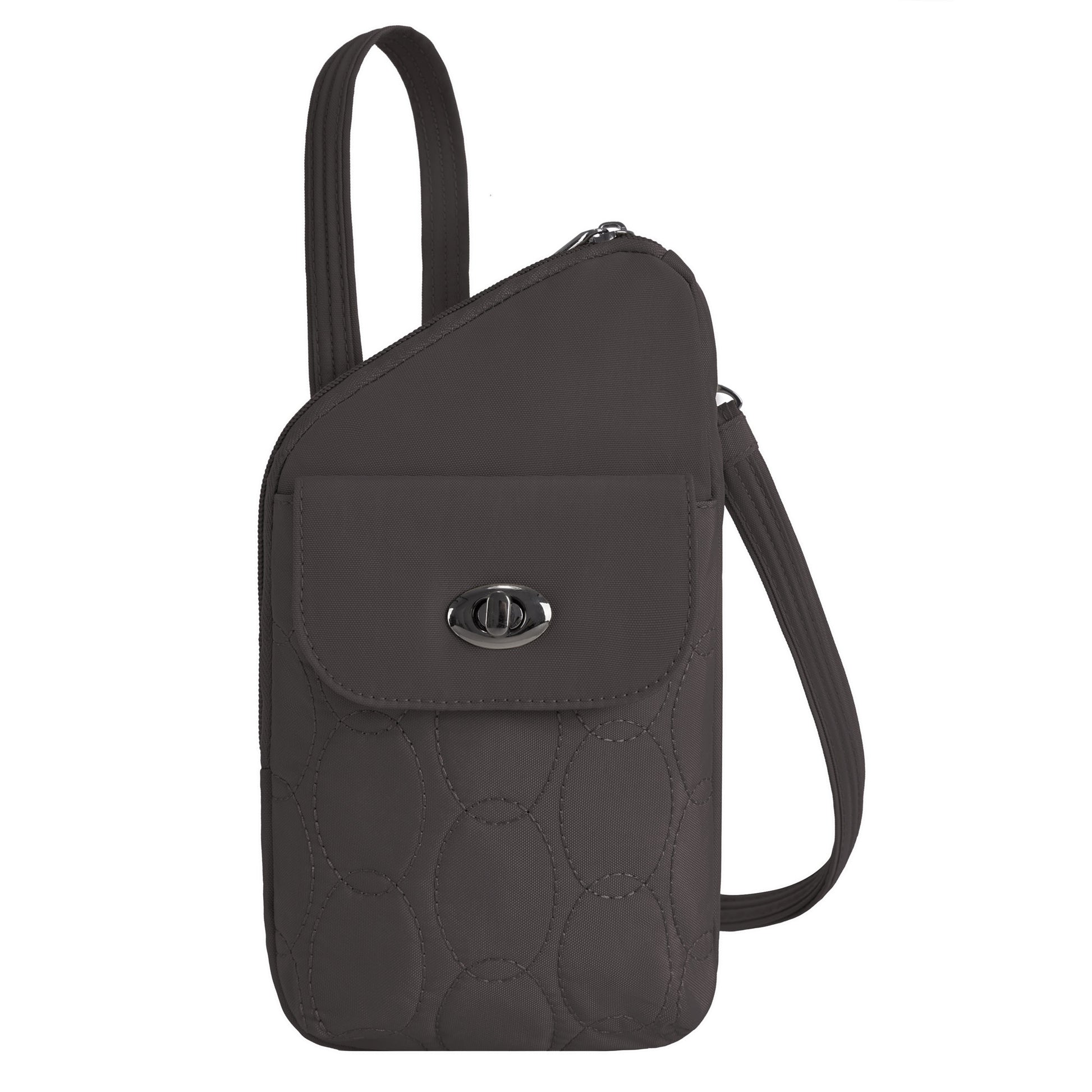 Travelon Runways Anti-theft Slim Asymmetric Crossbody in dark gray with quilted pocket and adjustable strap.