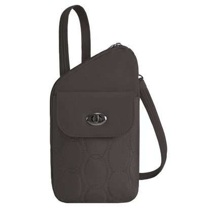 Travelon Runways Anti-theft Slim Asymmetric Crossbody in dark gray with quilted pocket and adjustable strap.