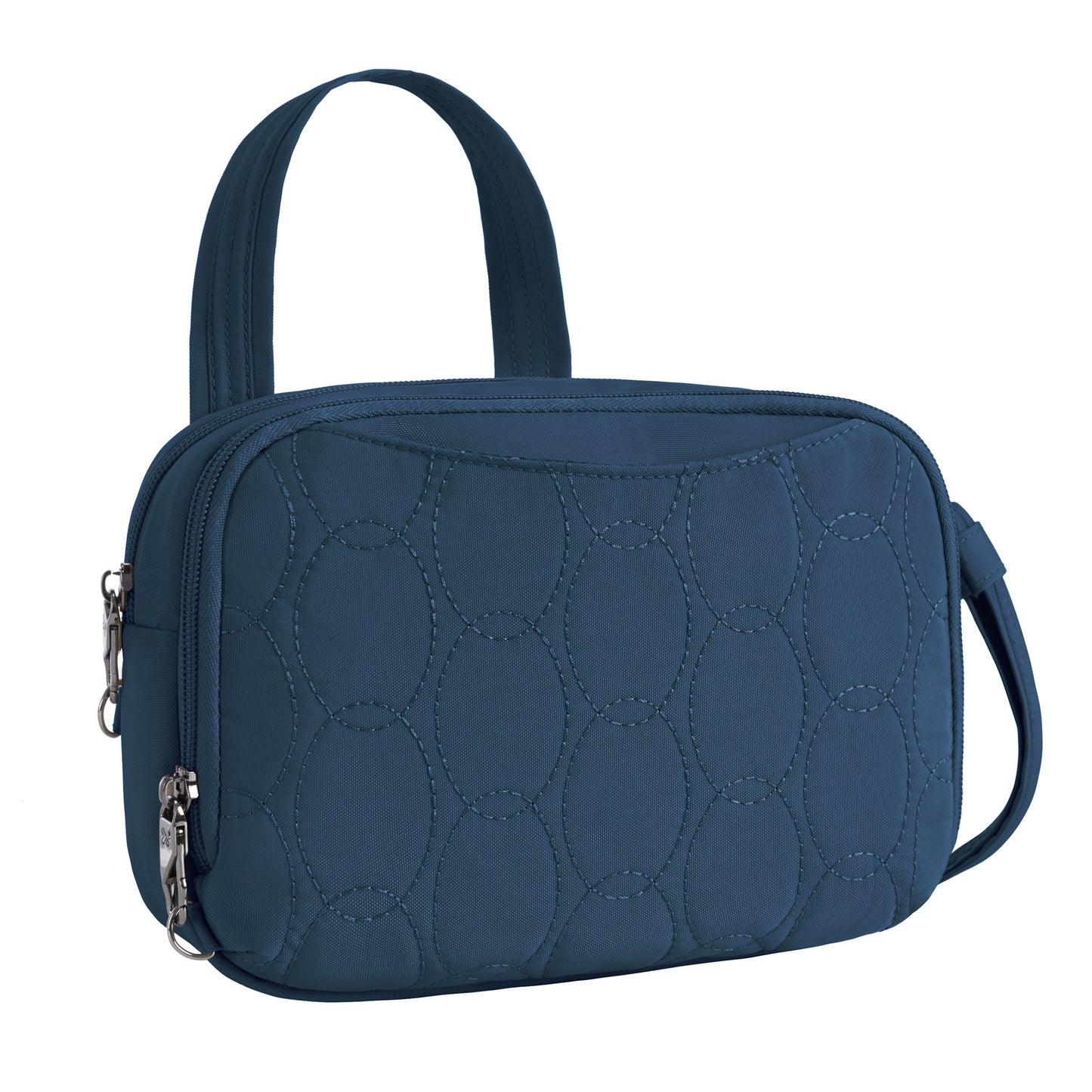 Travelon Runways Anti-theft Double Compartment Crossbody by Travelon; chic blue, double zippers, organized design.
