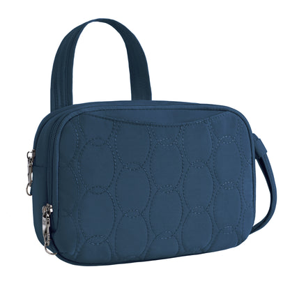 Travelon Runways Anti-theft Double Compartment Crossbody by Travelon; chic blue, double zippers, organized design.