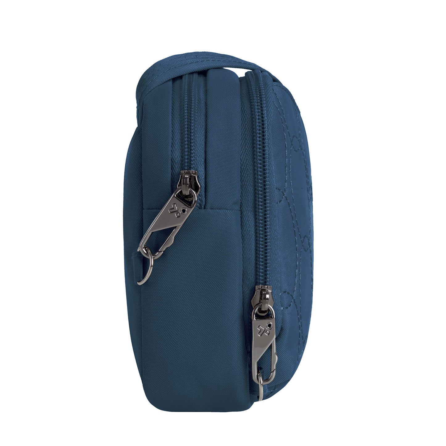 Side view of the Travelon Runways Anti-theft Crossbody in blue with two compartments and silver zipper pulls.