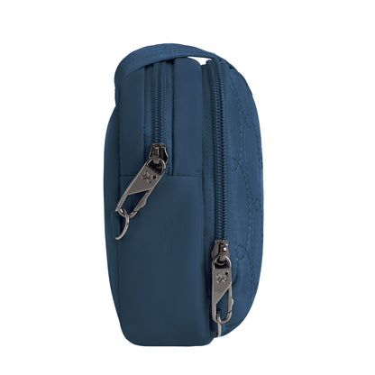 Side view of the Travelon Runways Anti-theft Crossbody in blue with two compartments and silver zipper pulls.