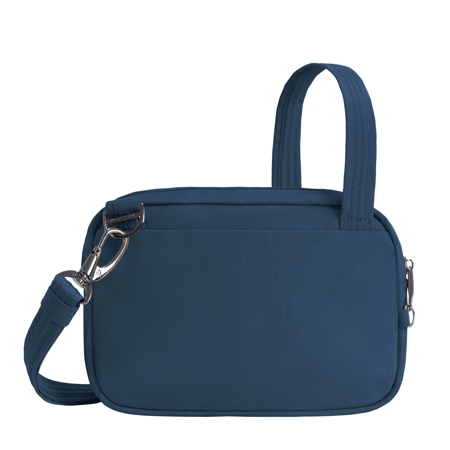 The Travelon Runways Anti-theft Double Compartment Crossbody is a chic blue bag with top handle and detachable strap.