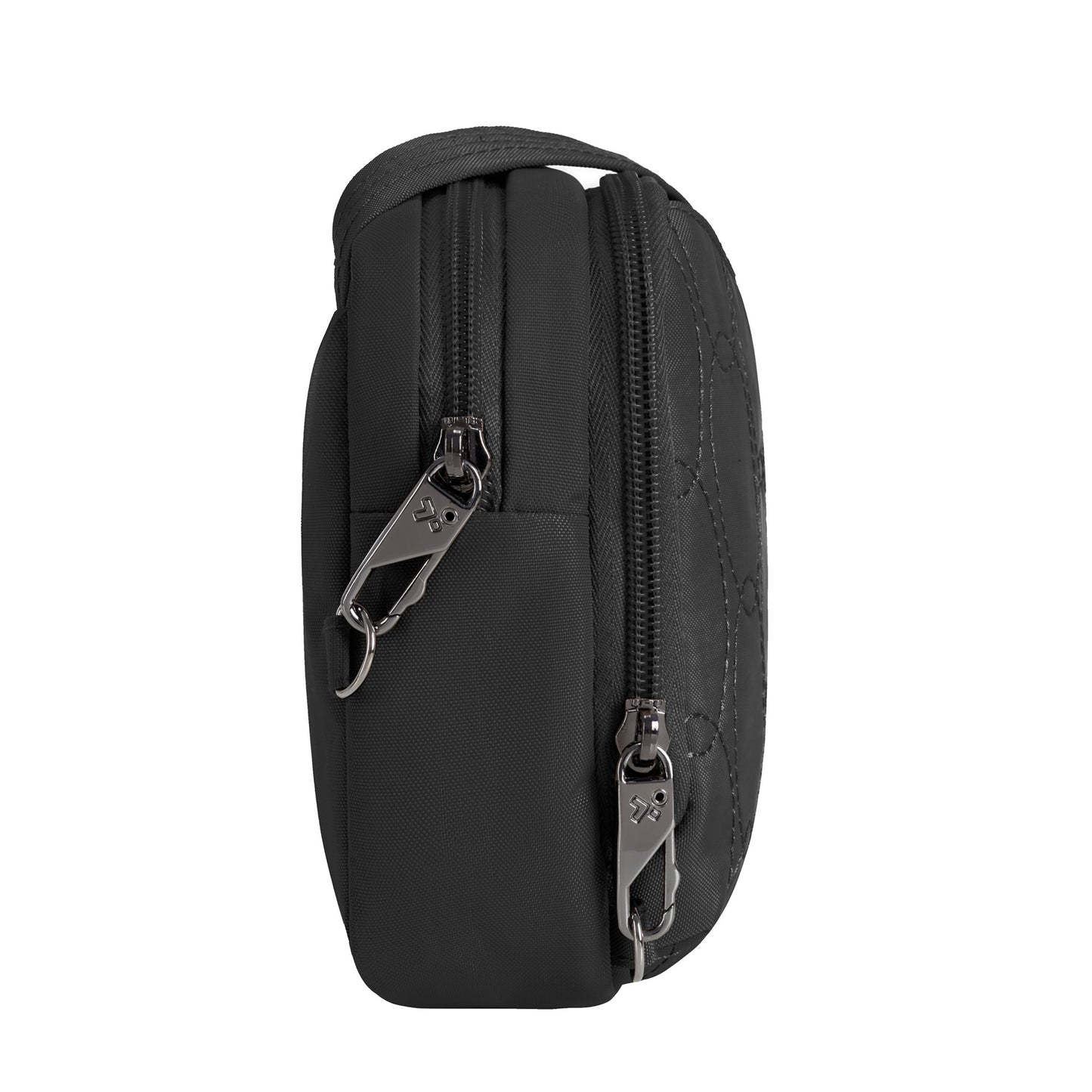 Travelon Runways Anti-theft Double Compartment Crossbody—sleek black pouch with dual zippers for your essentials.