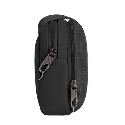 Travelon Runways Anti-theft Double Compartment Crossbody—sleek black pouch with dual zippers for your essentials.