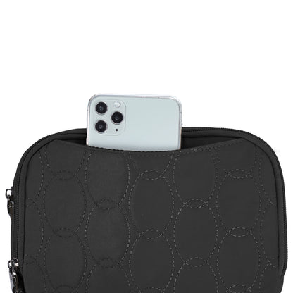 A smartphone peeks from the Travelon Runways Anti-theft Double Compartment Crossbody’s chic front pocket.