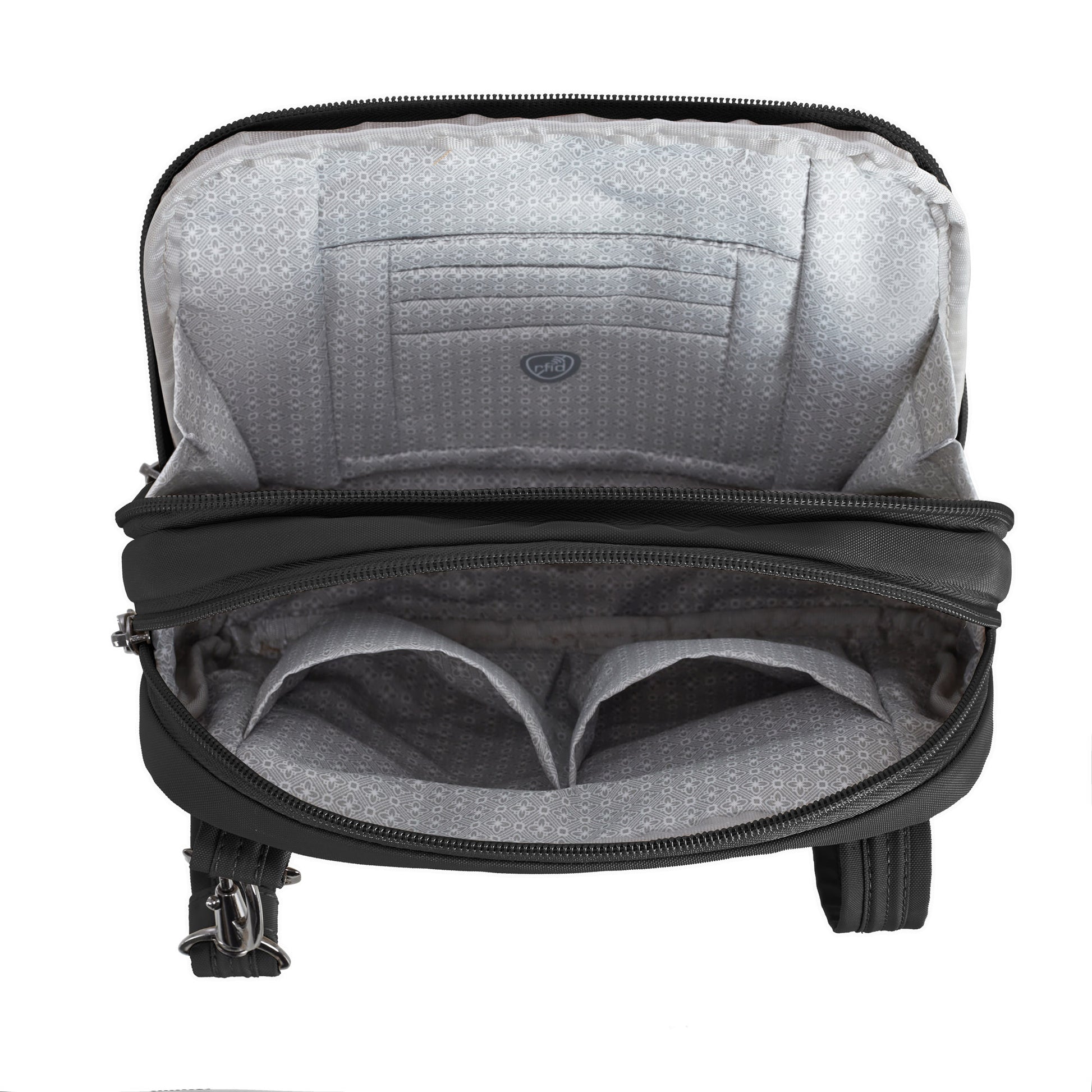 Travelon Runways Anti-theft Crossbody in black features organized interior compartments against a white background.